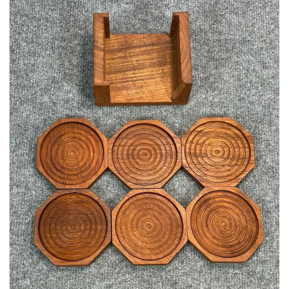Vintage KALMAR Teak Wood‎ WOODEN COASTER  CADDY Set Of 6  HEXAGON SHAPE